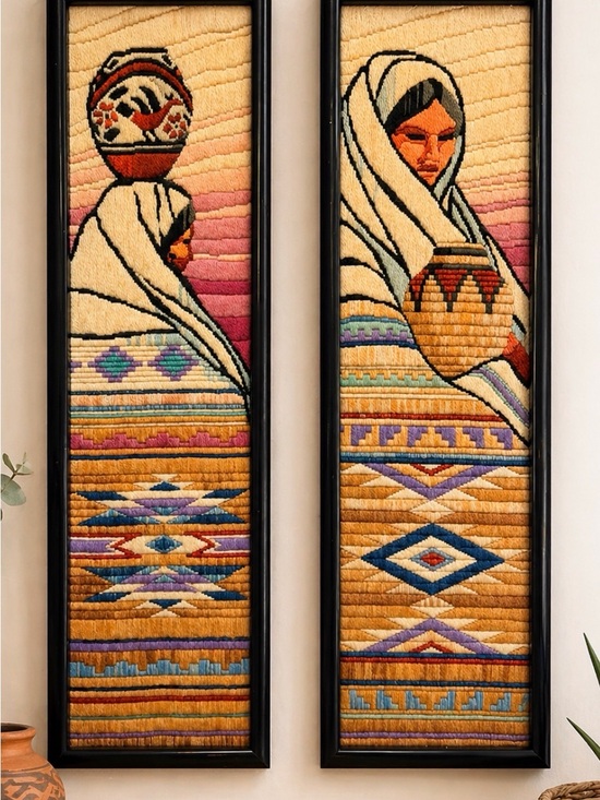 Other - Vintage Handwoven Boho Wall Art Pair in Cream, Gold & Purple - Unbranded